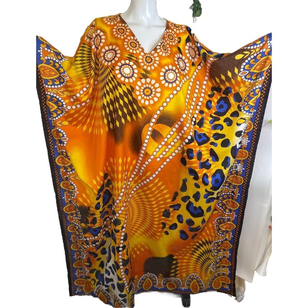 Vtg Metropolitan Orange Leopard OS House Dress Kaftan V Neck Mrs.‎ Roper Muumuu